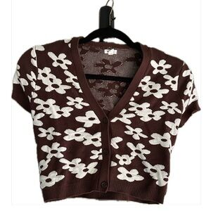 Garage Brown and White Floral Form-Fitting Cardigan